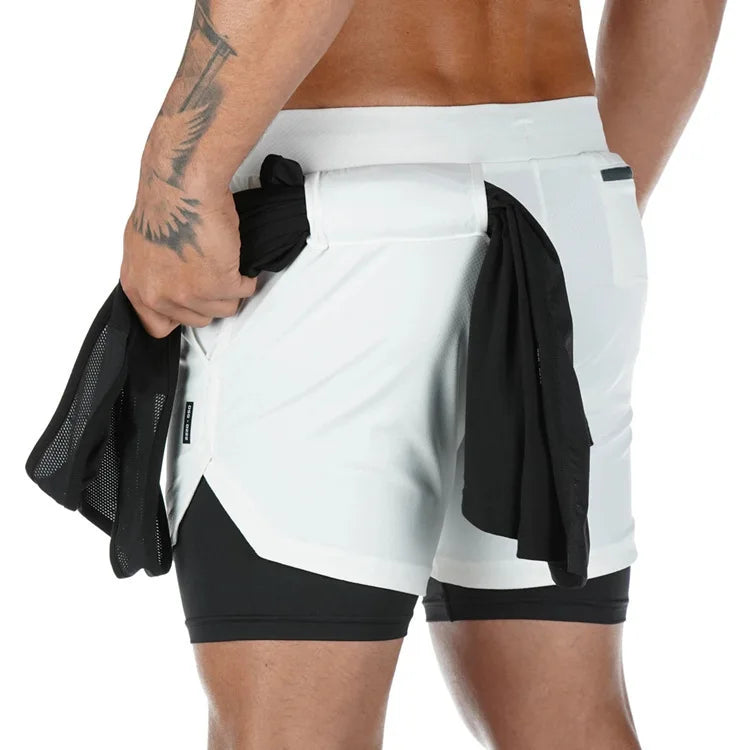 2 in 1 Mens Running Shorts with Liner, Tower Holder, 4 Pockets, Actvewear 2 Layers Sport Short for Workout Gym