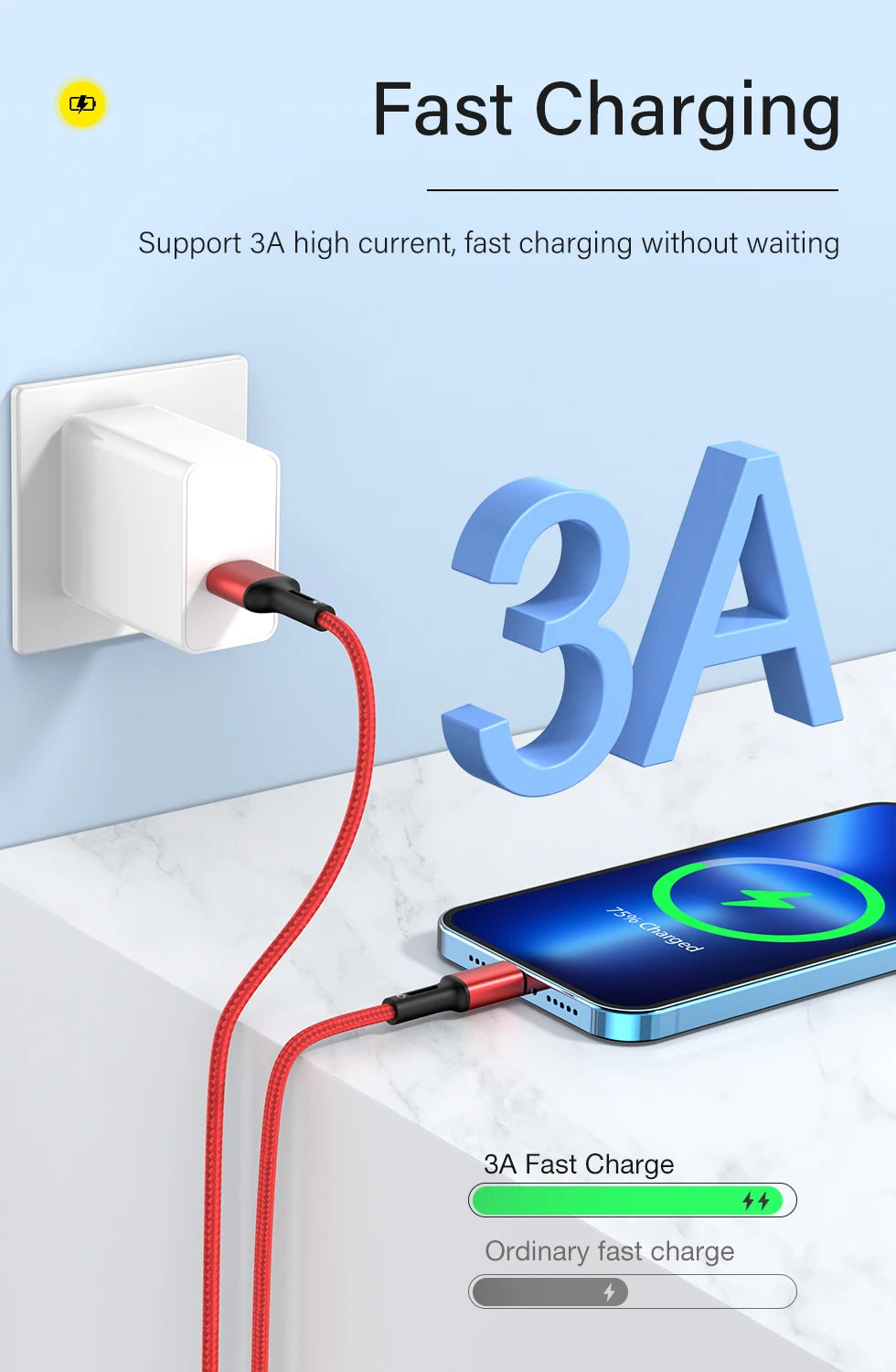 3A USB Cable For iPhone 14 13 12 11 Pro Max X XR 6s 7 8 Plus 0.25m 1m 2m Lead Mobile Phone Fast Charging Cord Data Charger Wire