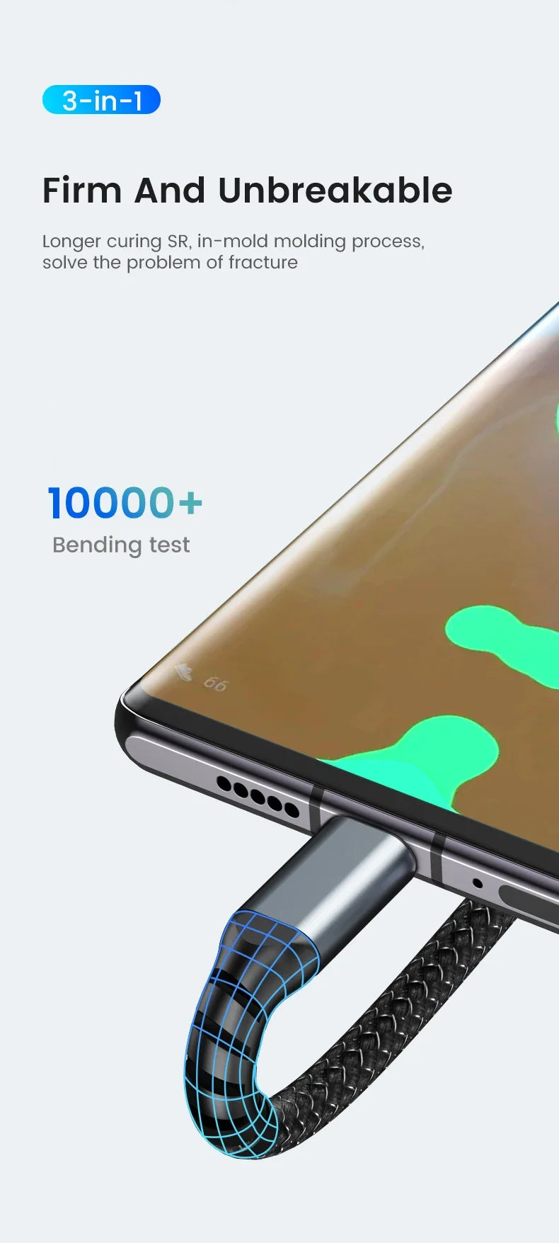 3-in-1 USB 100W 6A Fast Charger Cable Car USB To Type-C Micro LIGHTNING Cable For iPhone 16 15 14 13 Samsung Xiaomi Huawei