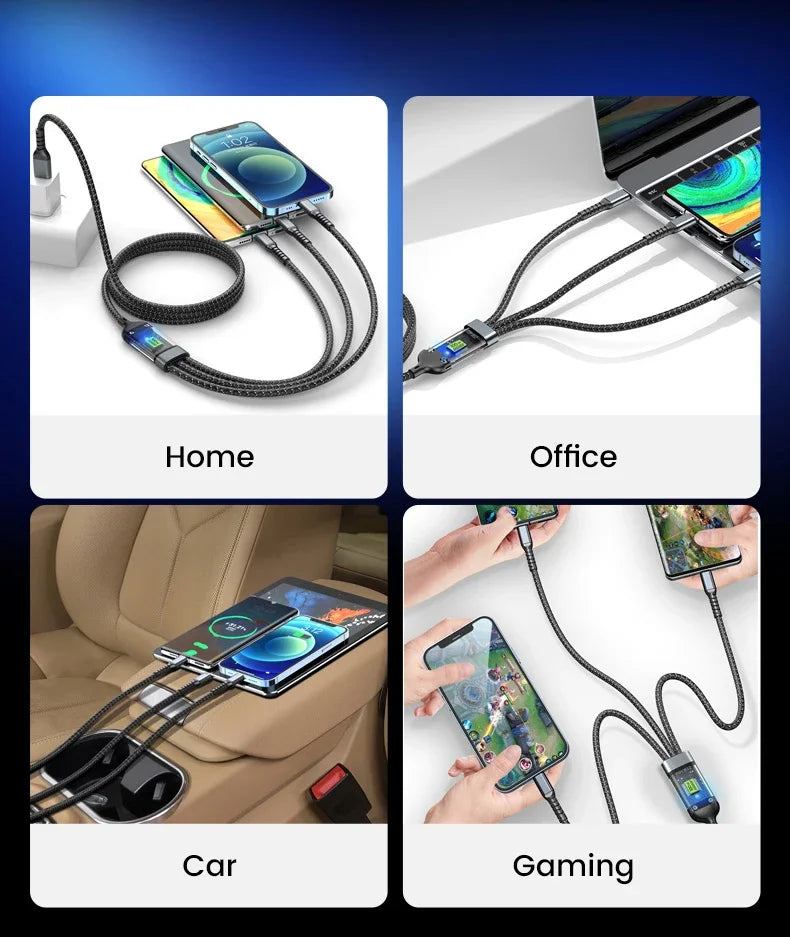 3-in-1 USB 100W 6A Fast Charger Cable Car USB To Type-C Micro LIGHTNING Cable For iPhone 16 15 14 13 Samsung Xiaomi Huawei