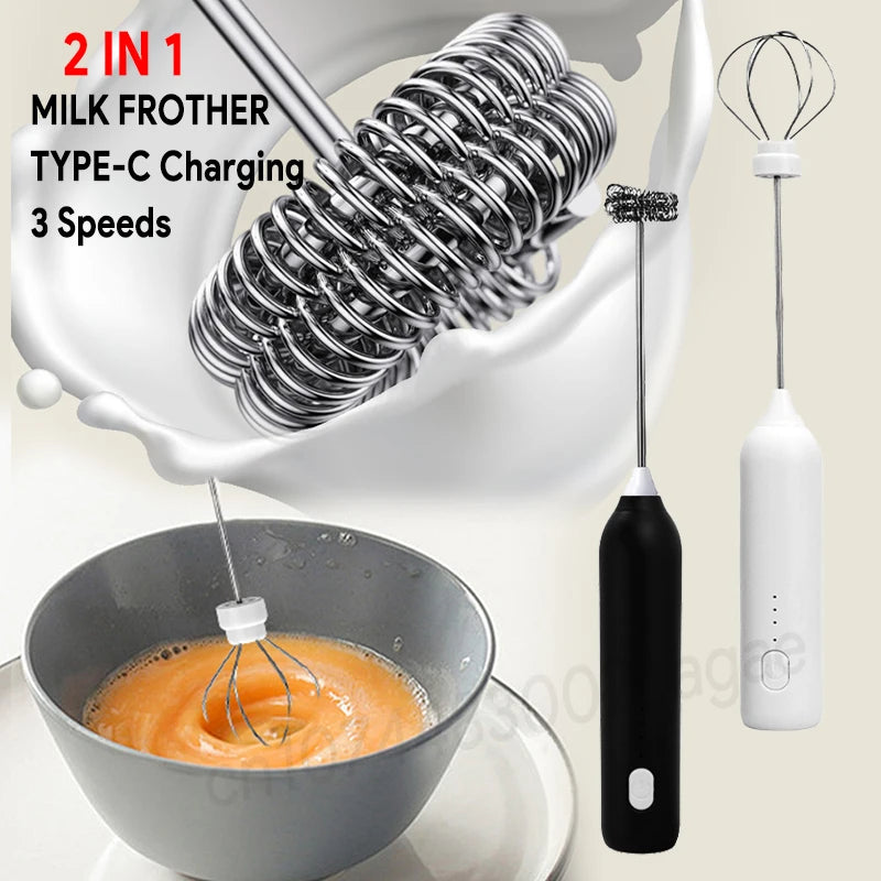 Electric Milk Frother 2 In 1 Rechargeable  Blender Stainless Steel 3 Speeds Coffee Mixer Egg Beater Handheld Foam Maker Tools