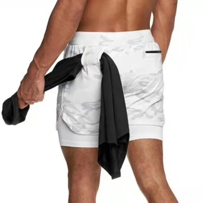 2 in 1 Mens Running Shorts with Liner, Tower Holder, 4 Pockets, Actvewear 2 Layers Sport Short for Workout Gym
