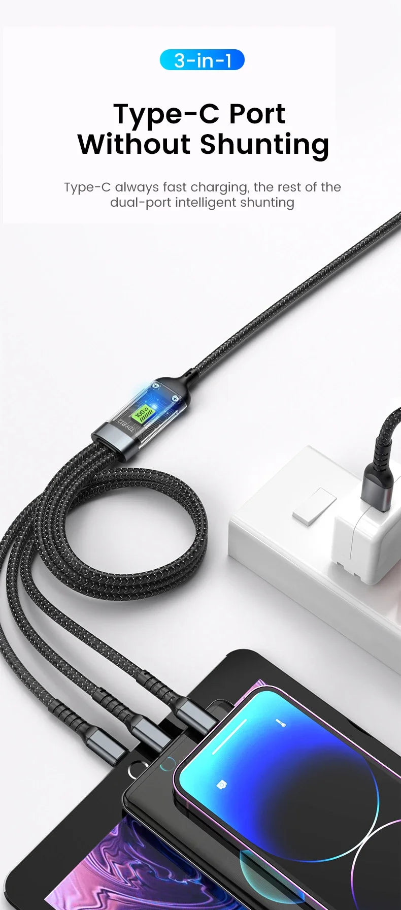 3-in-1 USB 100W 6A Fast Charger Cable Car USB To Type-C Micro LIGHTNING Cable For iPhone 16 15 14 13 Samsung Xiaomi Huawei