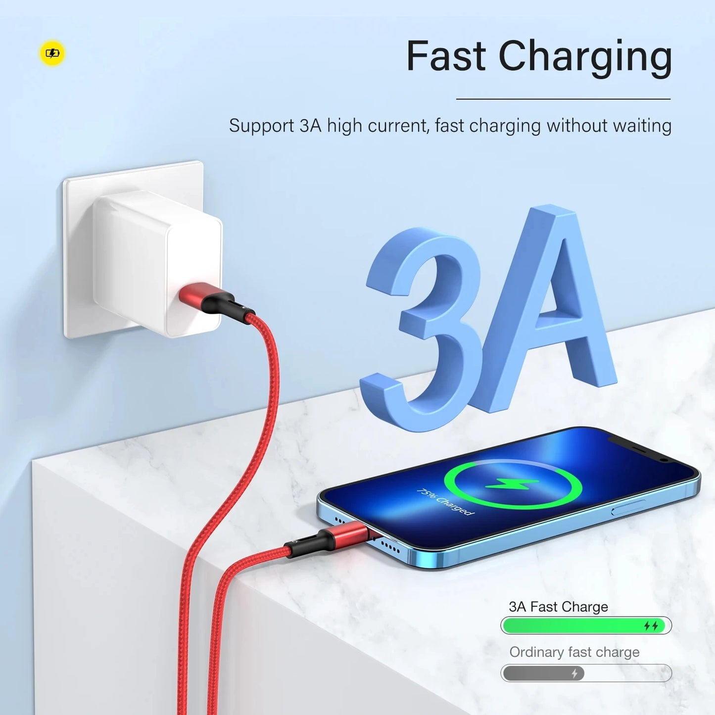 3A USB Cable For iPhone 14 13 12 11 Pro Max X XR 6s 7 8 Plus 0.25m 1m 2m Lead Mobile Phone Fast Charging Cord Data Charger Wire