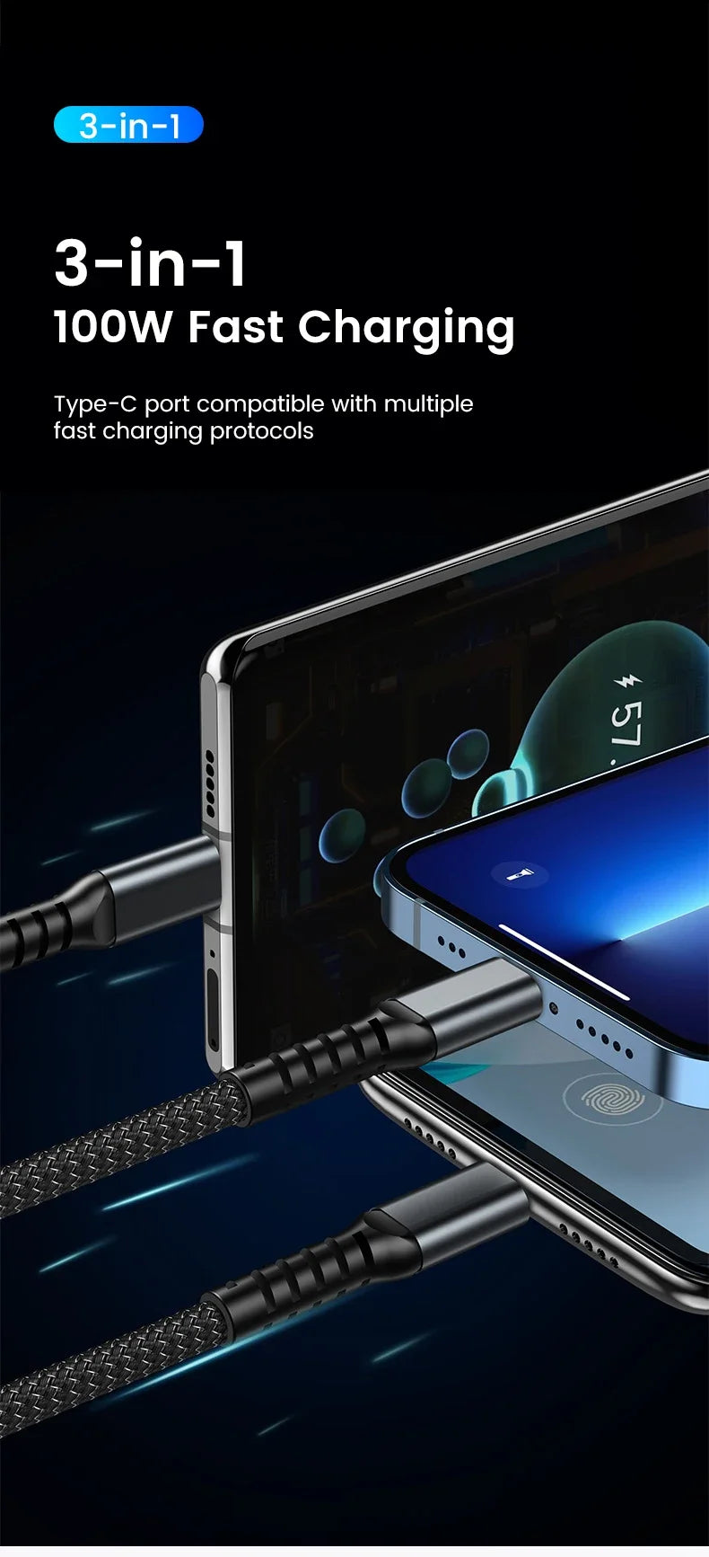 3-in-1 USB 100W 6A Fast Charger Cable Car USB To Type-C Micro LIGHTNING Cable For iPhone 16 15 14 13 Samsung Xiaomi Huawei