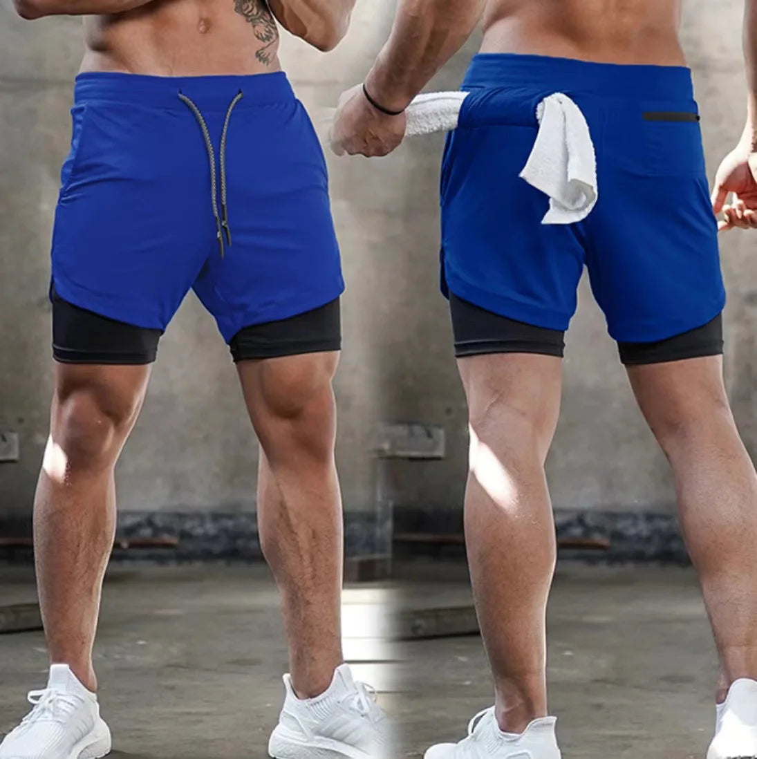 2 in 1 Mens Running Shorts with Liner, Tower Holder, 4 Pockets, Actvewear 2 Layers Sport Short for Workout Gym