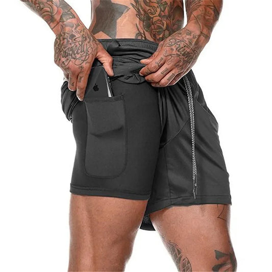 2 in 1 Mens Running Shorts with Liner, Tower Holder, 4 Pockets, Actvewear 2 Layers Sport Short for Workout Gym